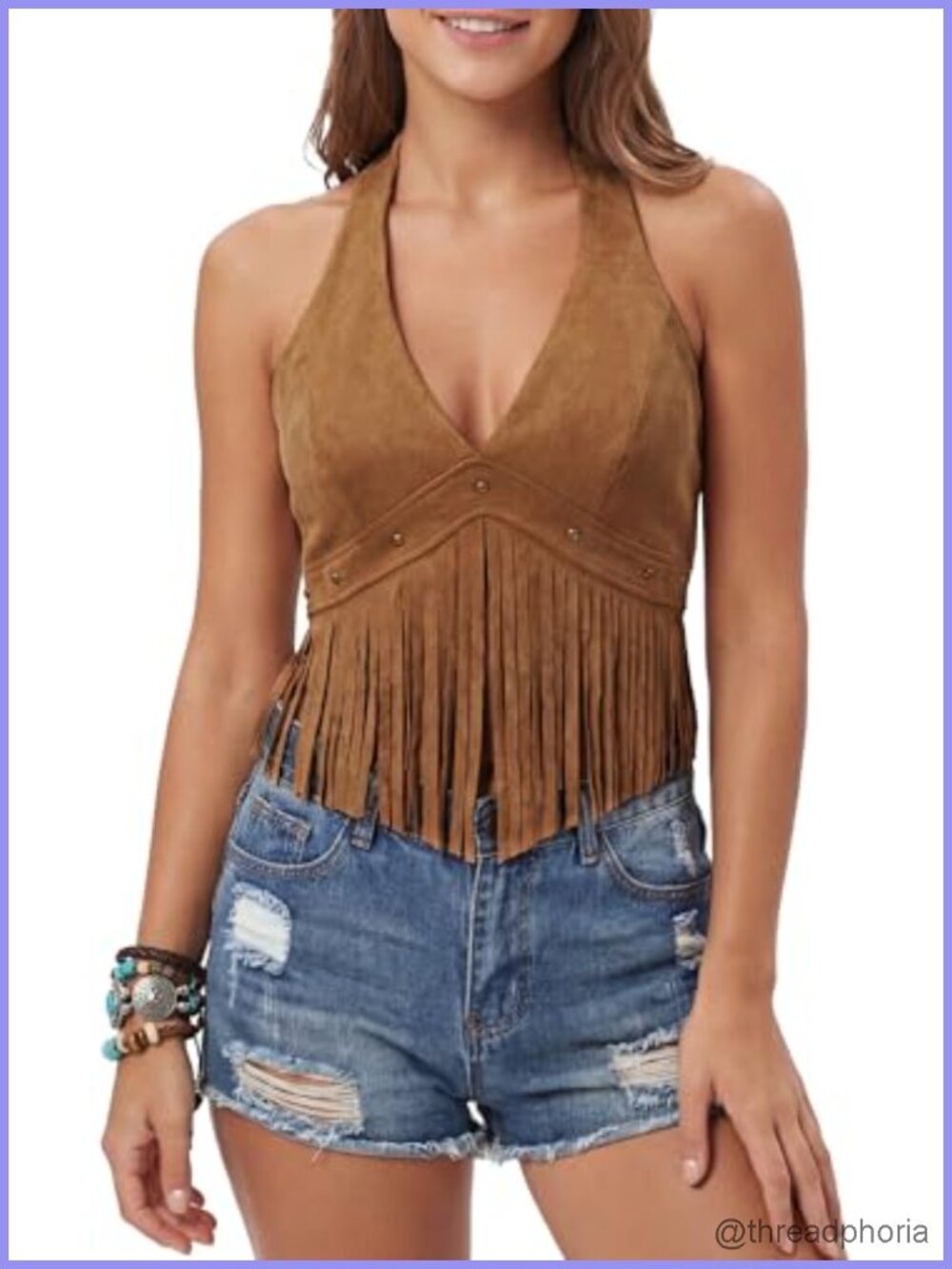 Women's Faux Suede Fringe Halter Crop Vest Lace Up Back Cowgirl Y2K Top